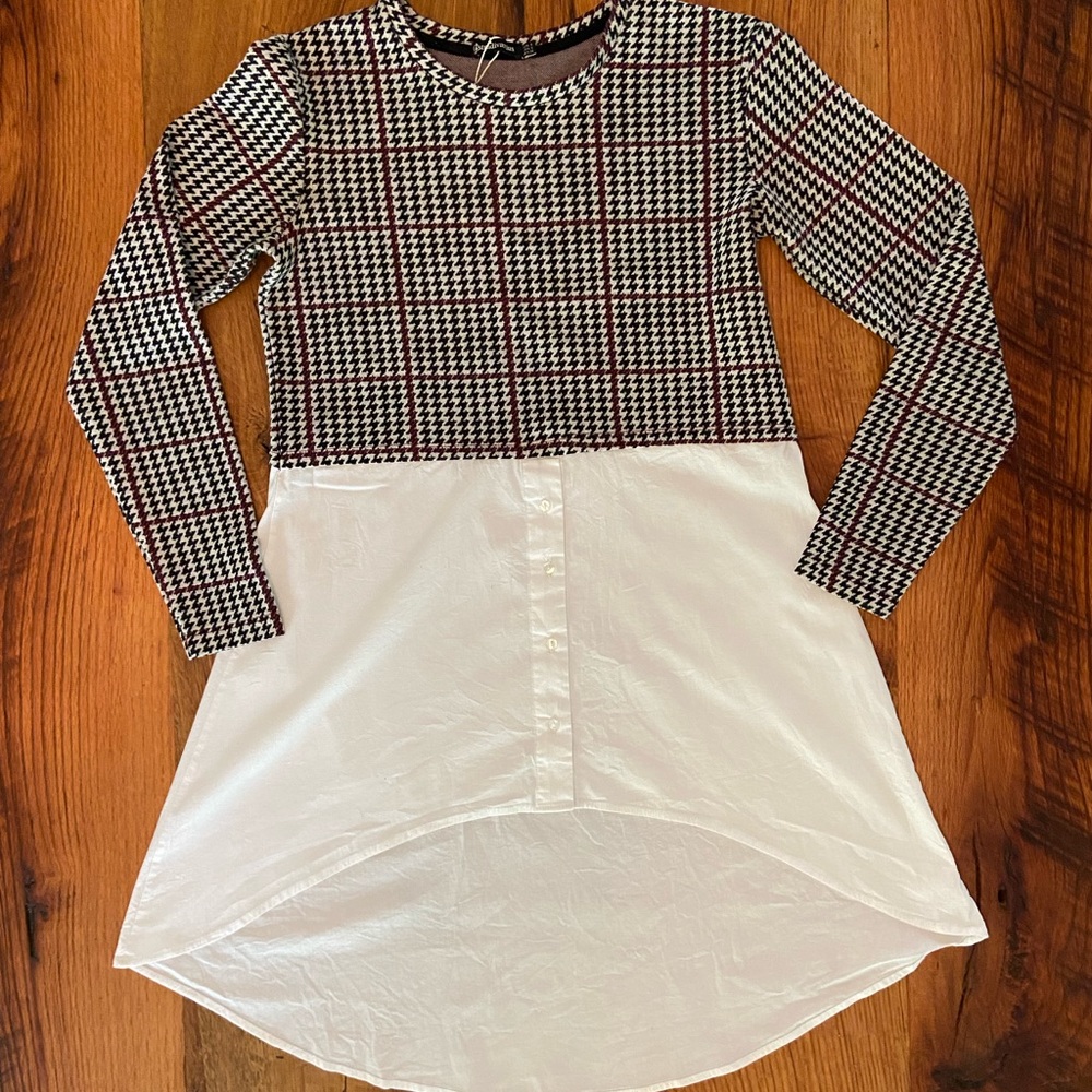 Stradivarius Houndstooth Top with High Front Hem, Size Small